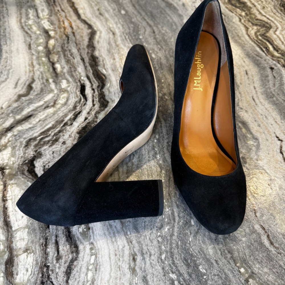 J. McLaughlin Women 7.5 Black Suede Round Toe Block Heel Pumps Leather Sole